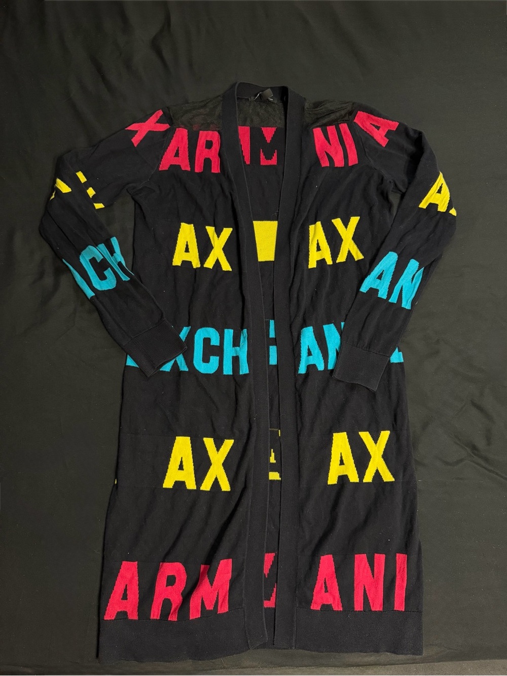Armani Exchange Black Knit Cardigan with Red, Yellow & Teal Logo